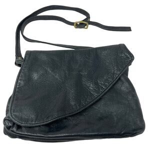 Vintage 90s Victoria Leather Co Dual Flap Shoulder Bag Purse Black Art Pop Deco